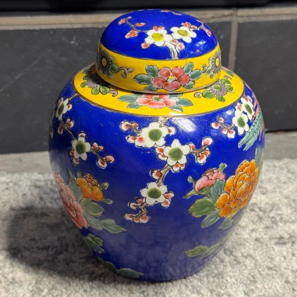 Vintage Made in Japan‎ Ginger Jar Cobalt Blue Yellow Parrot Cherry Blossom 6.5